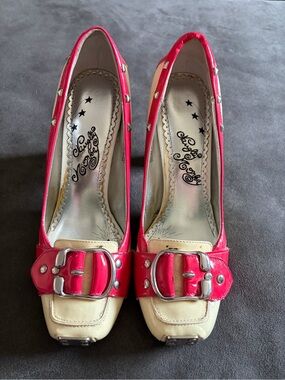 Naughty Monkey Pink Cream Patent Studded Buckle Heels Size 8 Y2K